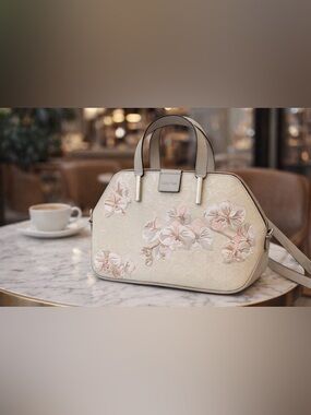 Calvin Klein Cream Satchel with Blush Floral Appliqué